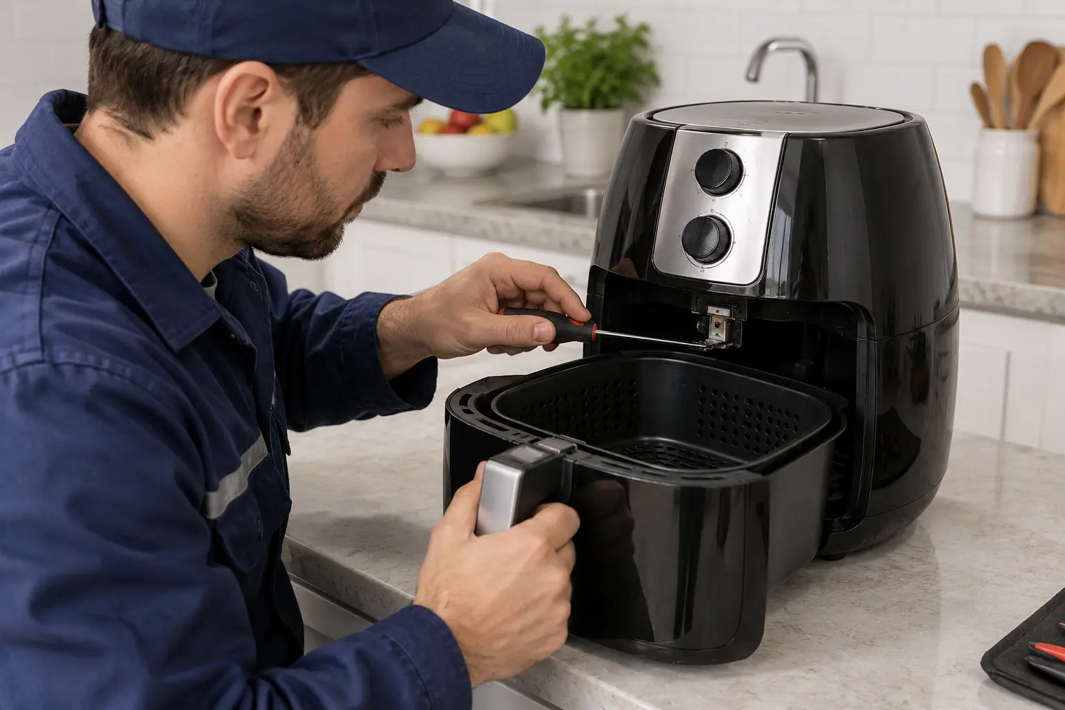 Técnico ajustando cesto e trava de segurança da Air Fryer