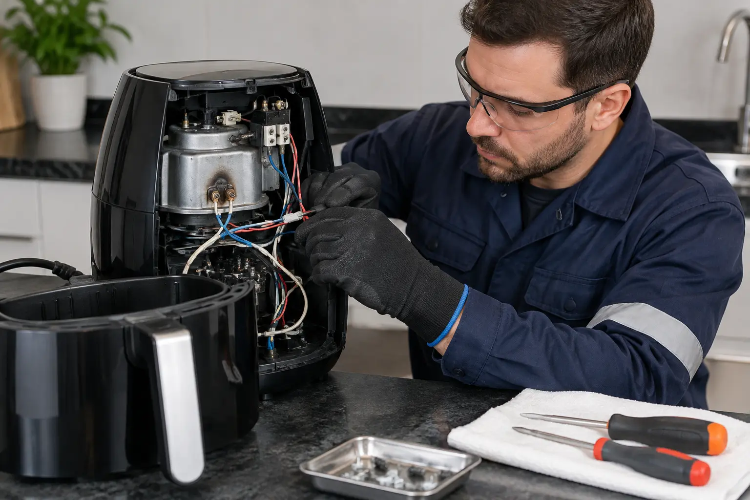 Técnico inspecionando fiação interna de Air Fryer