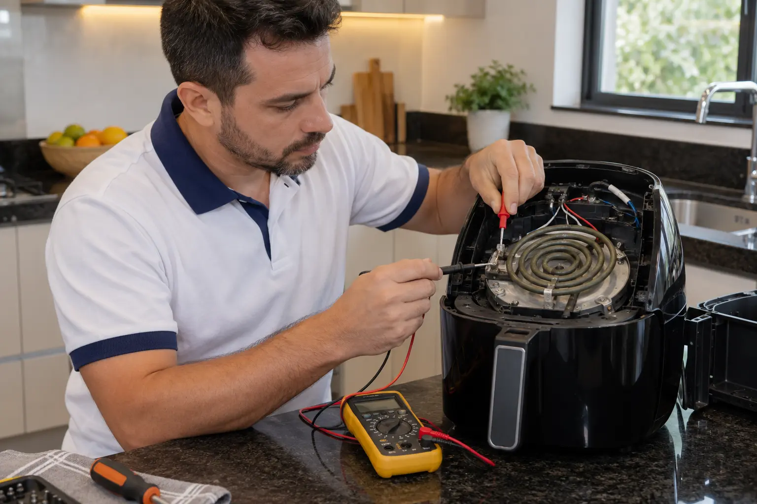 Técnico diagnosticando Air Fryer que não aquece