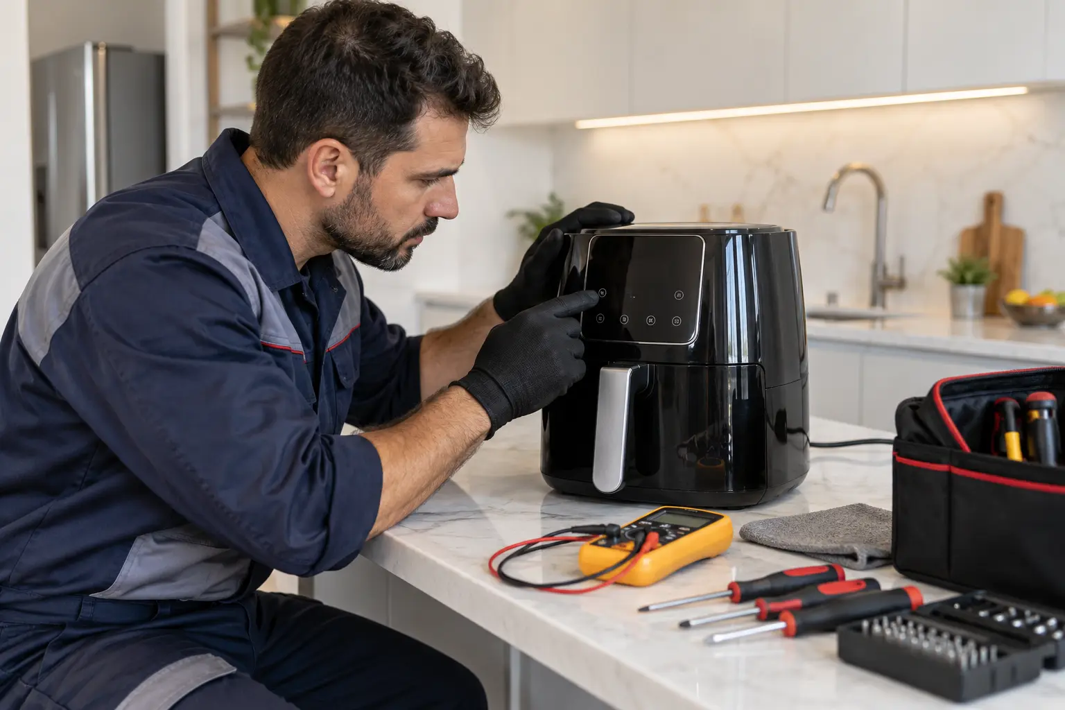 Técnico diagnosticando painel de Air Fryer