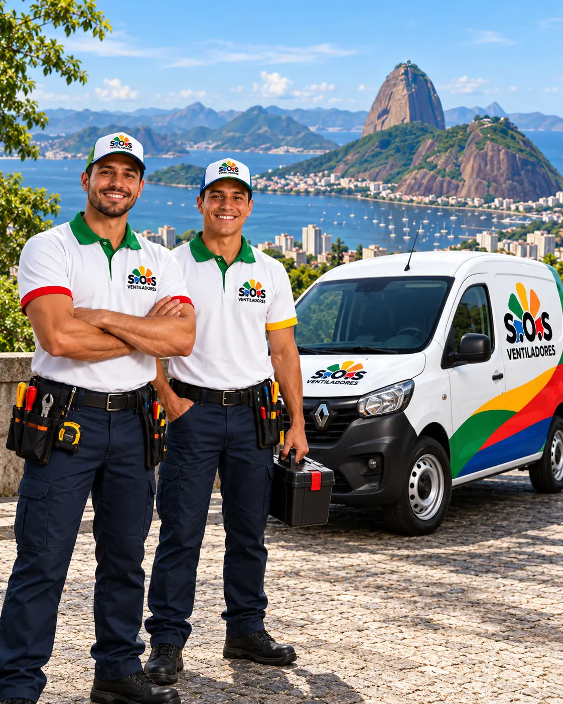 Equipe uniformizada da SOS Ventiladores com veículo personalizado no Rio de Janeiro