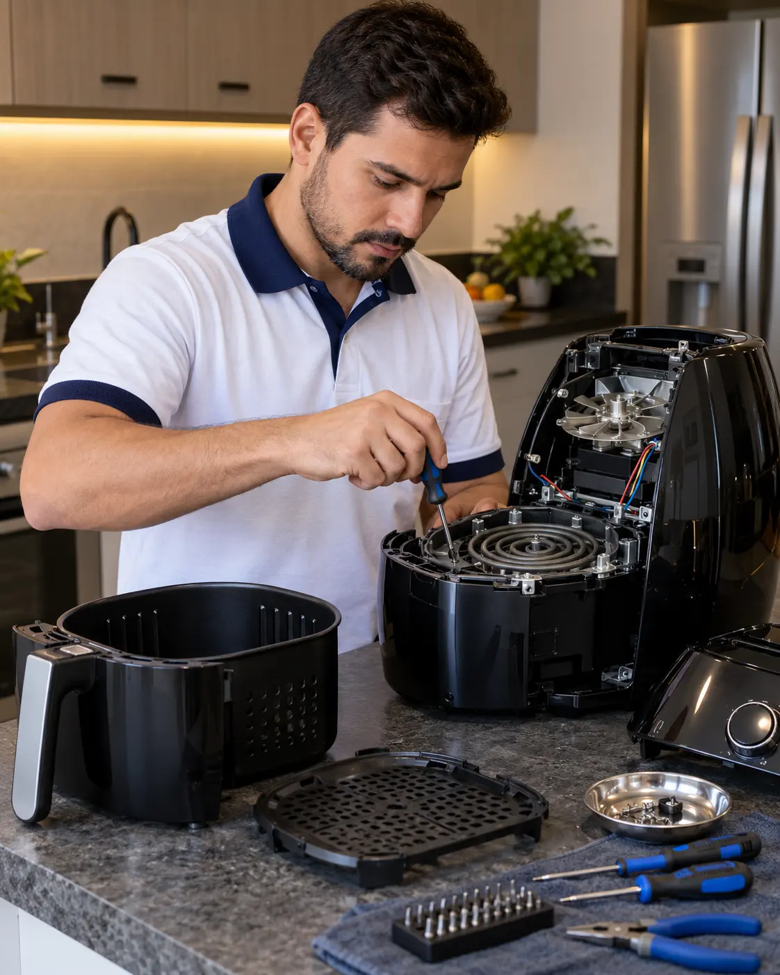 Técnico revisando ventilador interno de Air Fryer