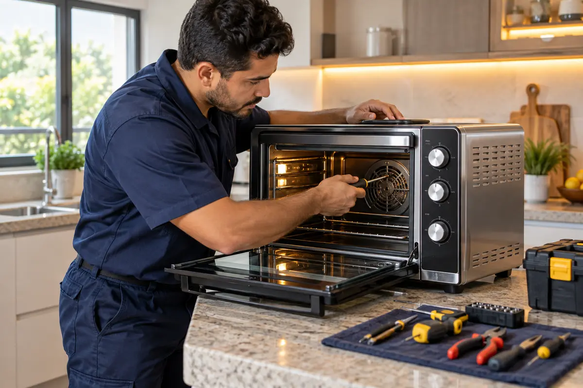 Técnico realizando manutenção em forno elétrico