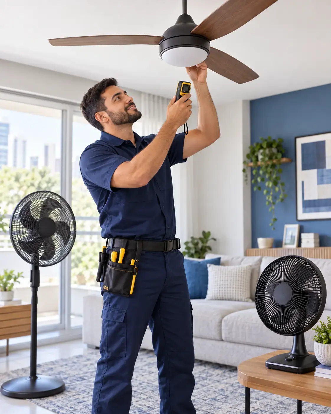 Técnico especializado avaliando ventiladores de diferentes modelos