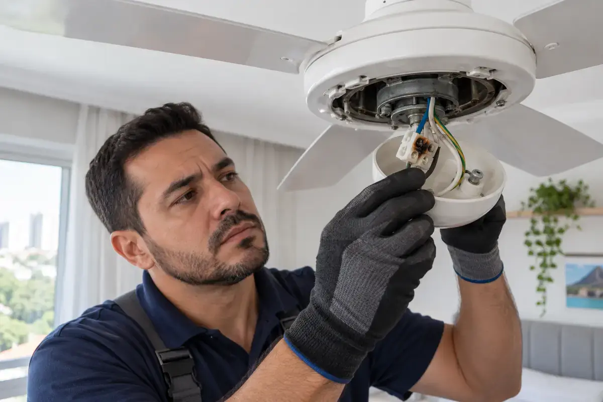 Técnico inspecionando componente queimado de ventilador