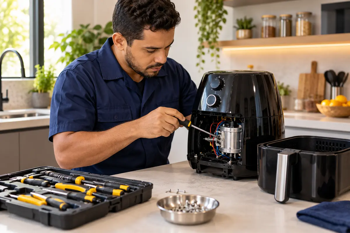 Técnico consertando uma Air Fryer