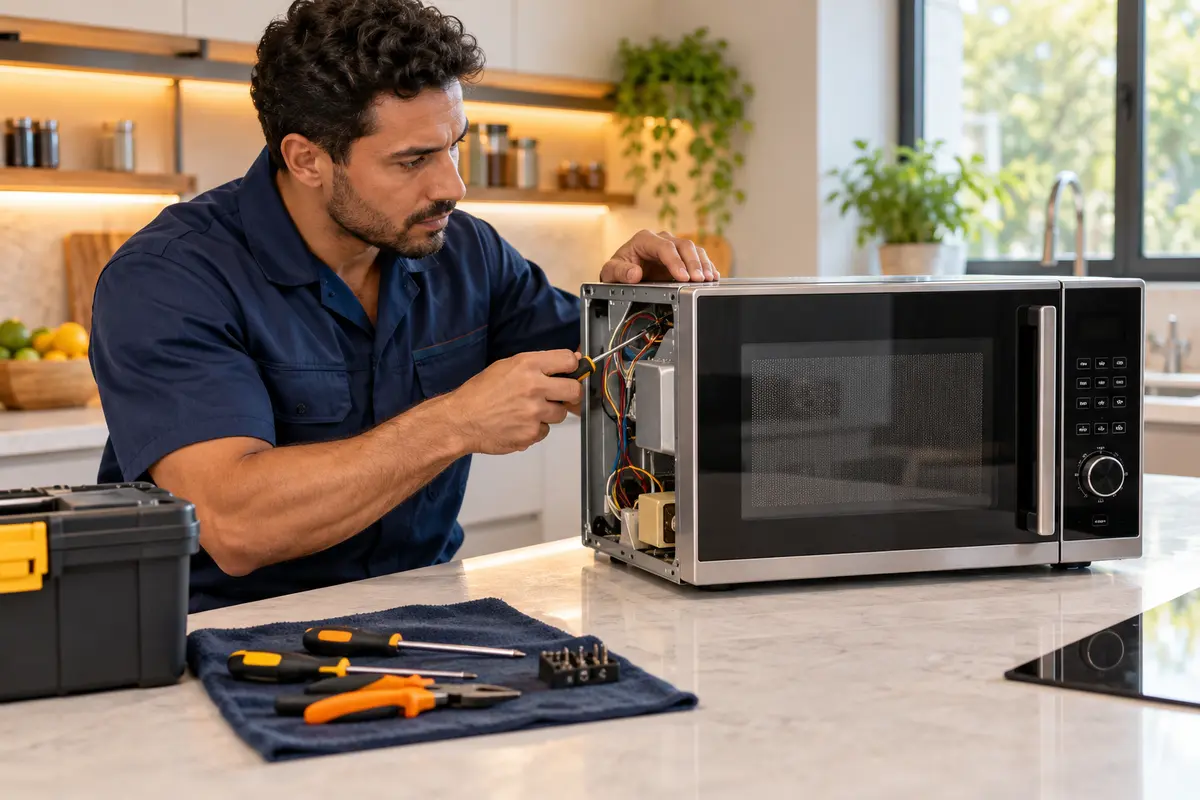 Técnico reparando um forno micro-ondas