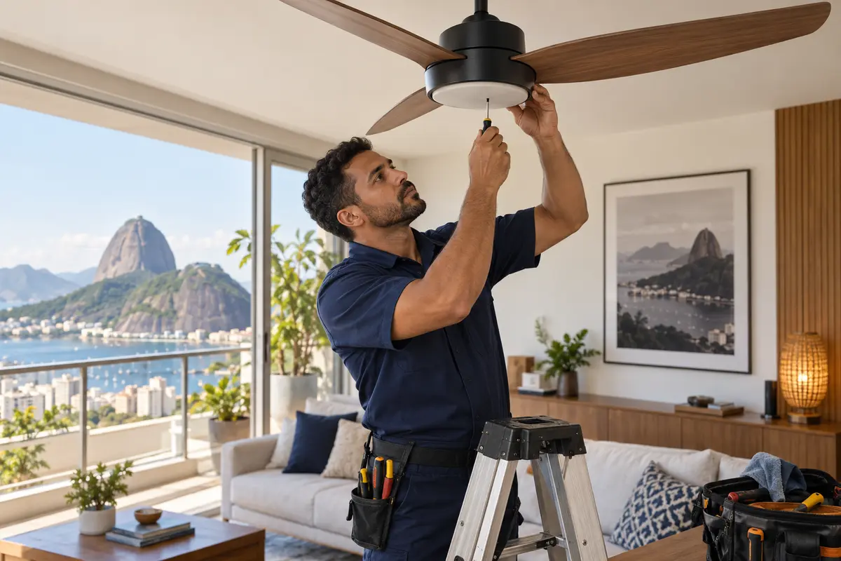Técnico realizando manutenção em ventilador de teto