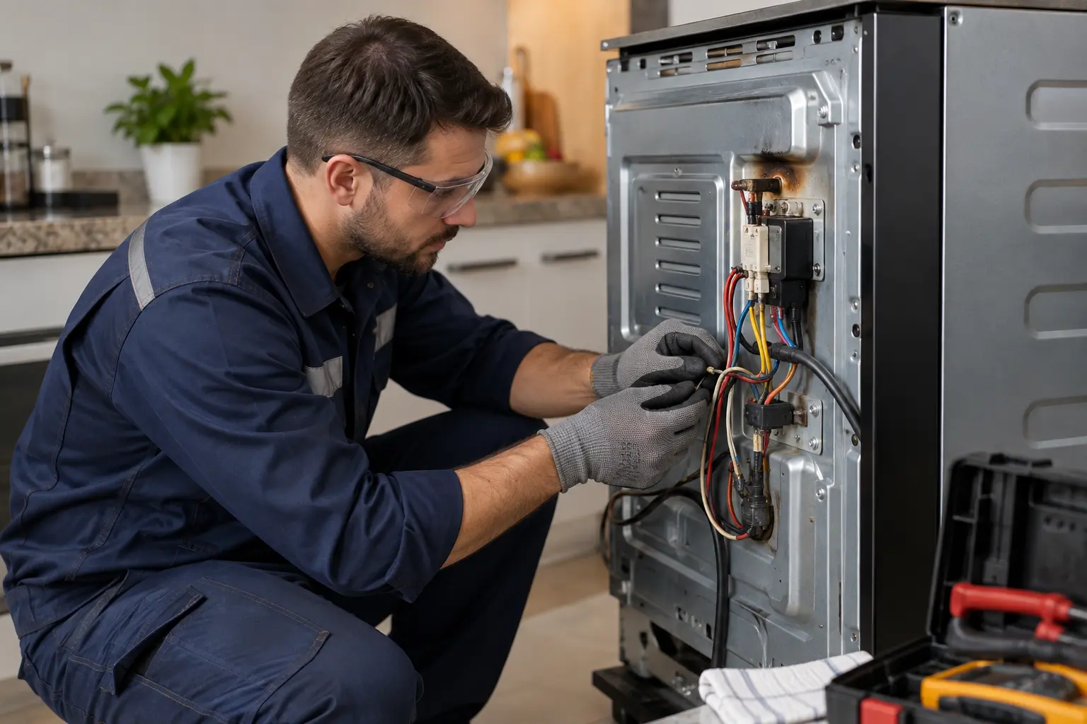 Técnico inspecionando conexões elétricas do forno