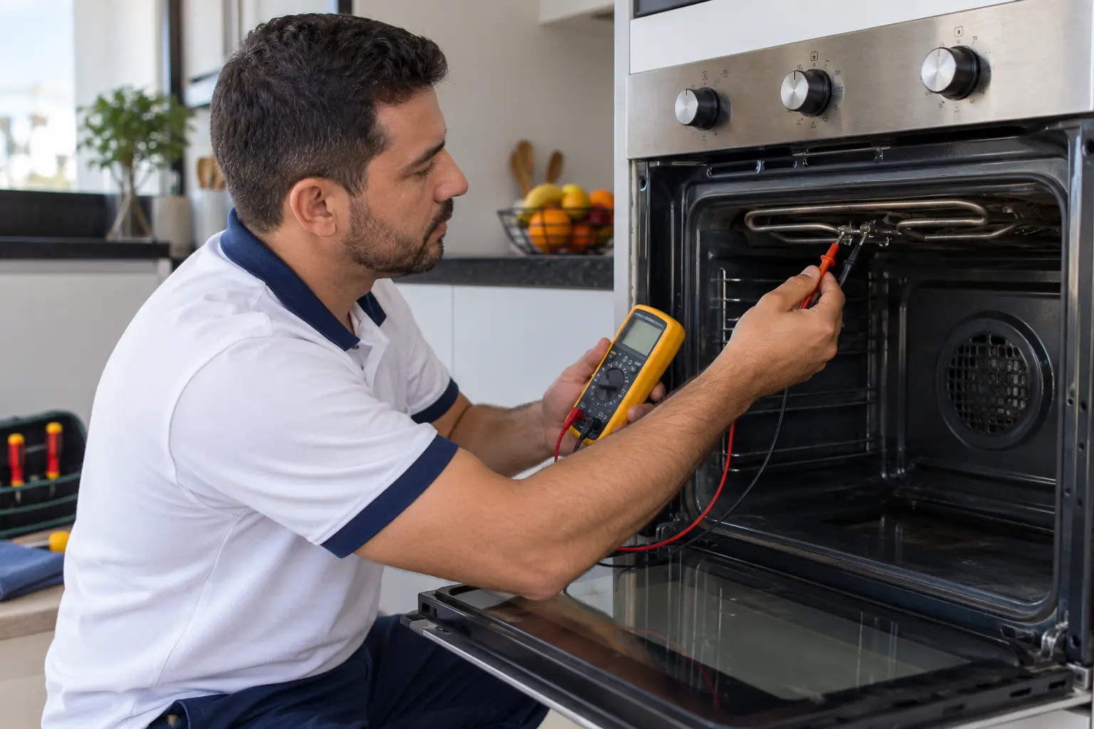 Técnico diagnosticando forno elétrico que não aquece