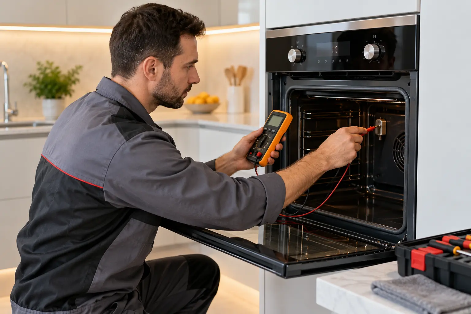 Técnico testando painel e termostato do forno elétrico