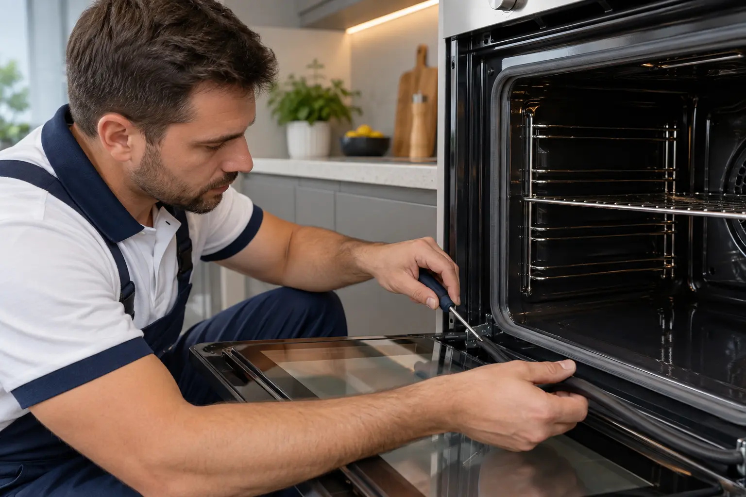 Técnico ajustando a porta de forno elétrico