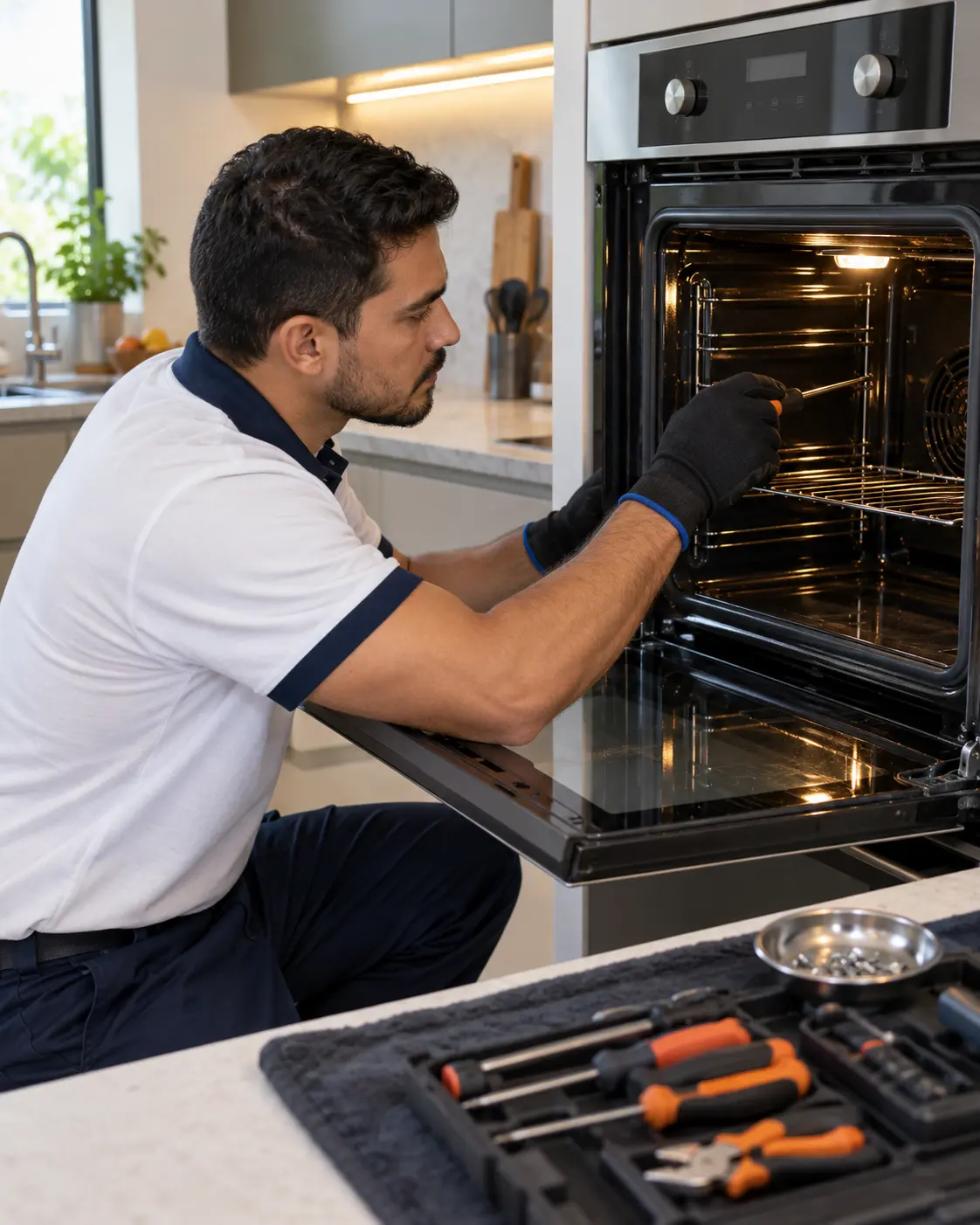 Técnico realizando manutenção em forno elétrico de embutir