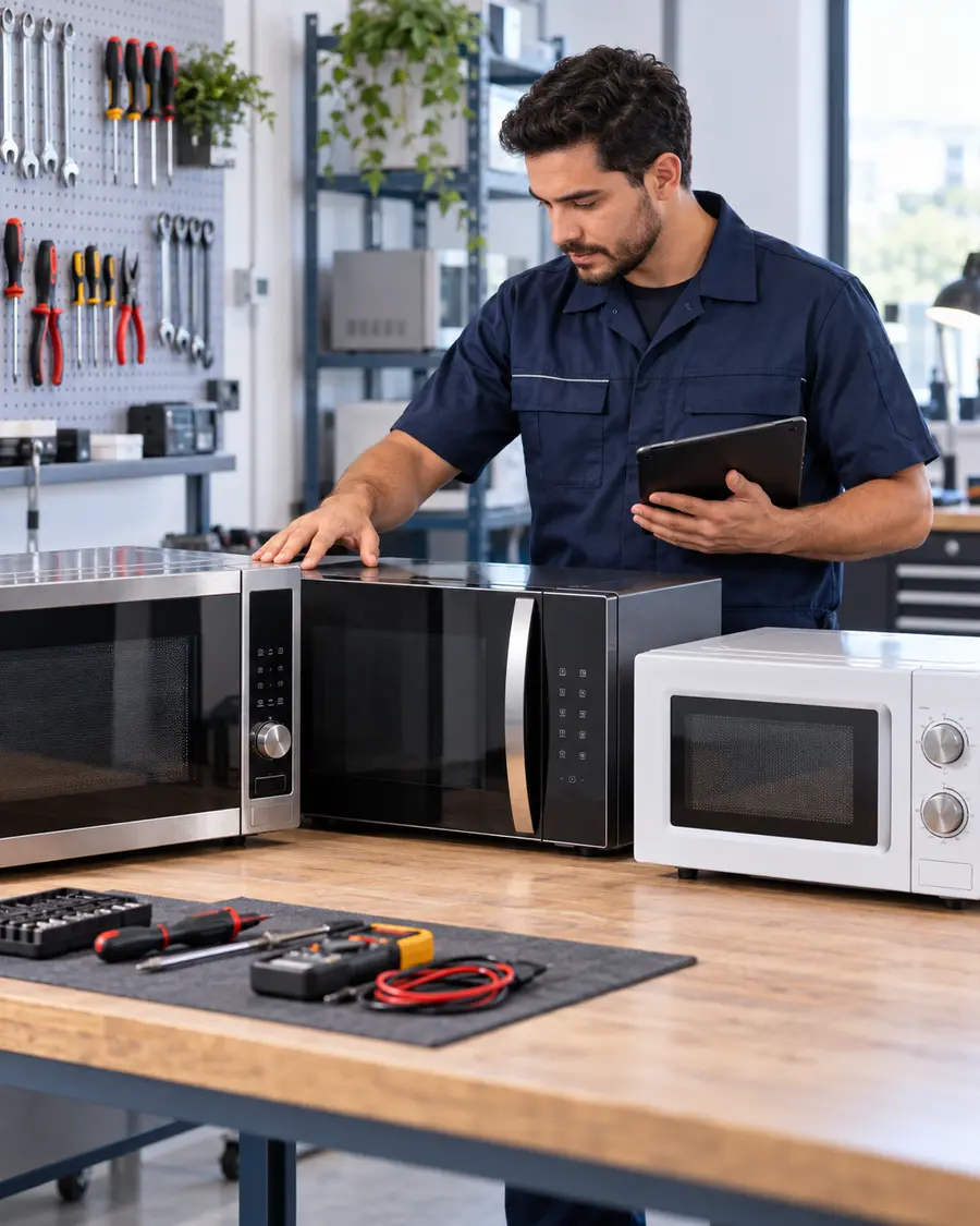 Técnico especializado avaliando micro-ondas de diferentes modelos