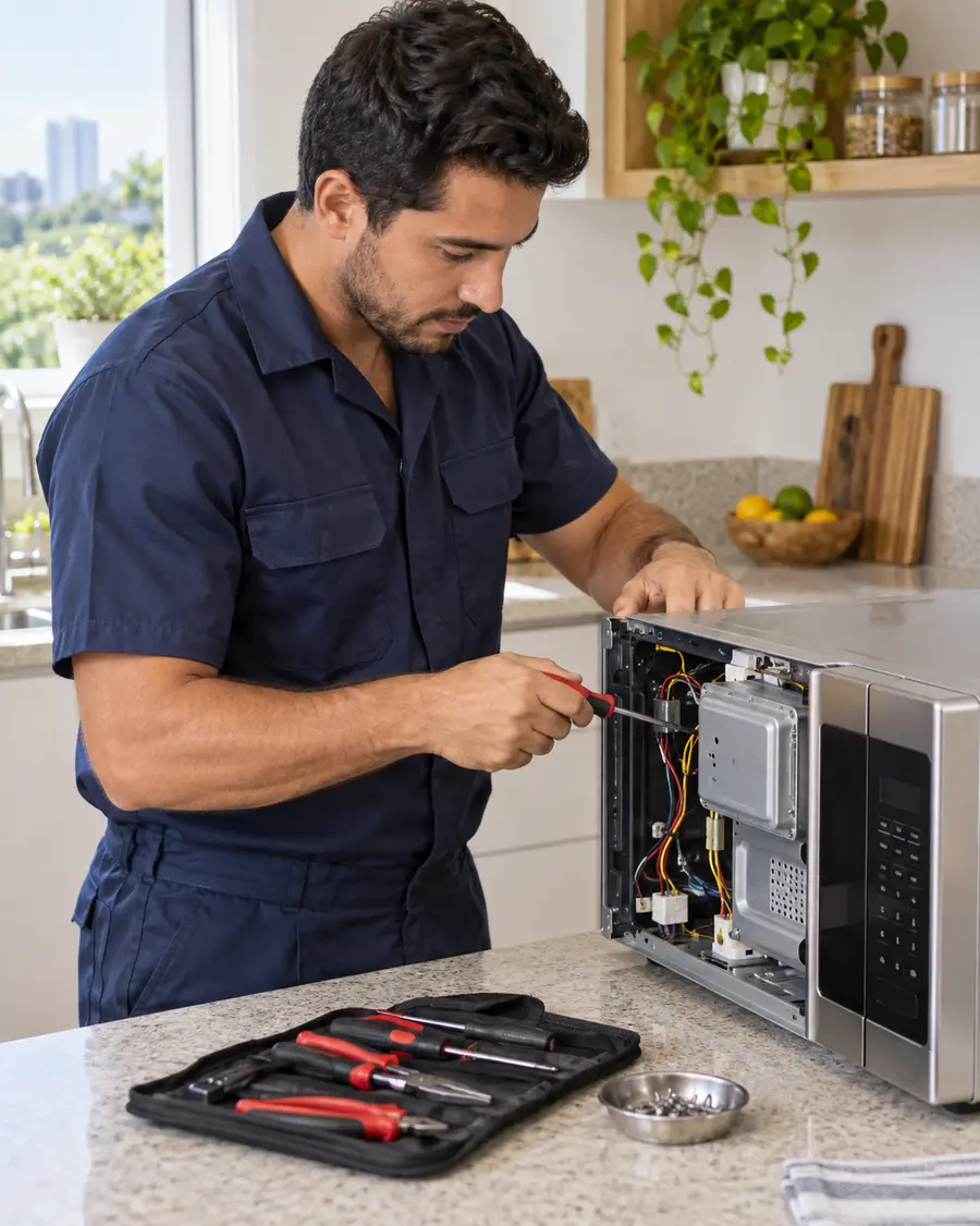 Técnico realizando manutenção em micro-ondas