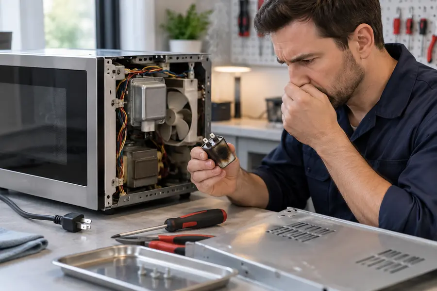 Técnico inspecionando micro-ondas com cheiro de queimado