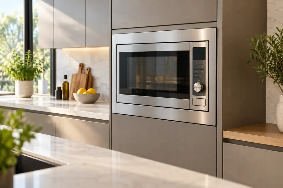 Micro-ondas de embutir instalado em cozinha planejada