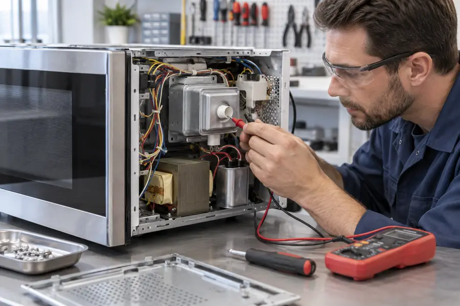 Técnico avaliando micro-ondas que não aquece