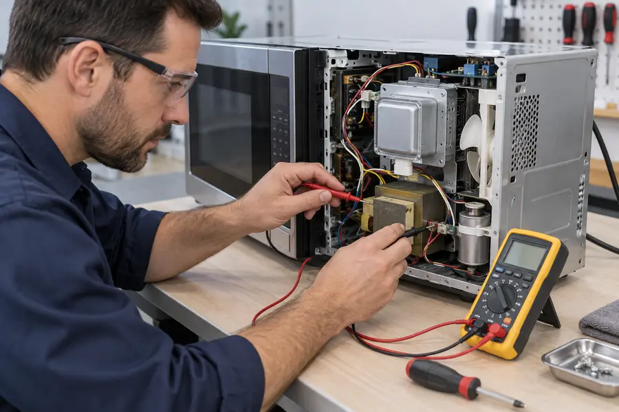 Técnico diagnosticando micro-ondas que não liga