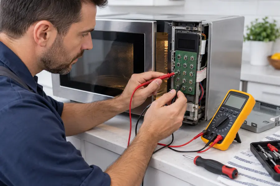 Técnico testando painel eletrônico de micro-ondas